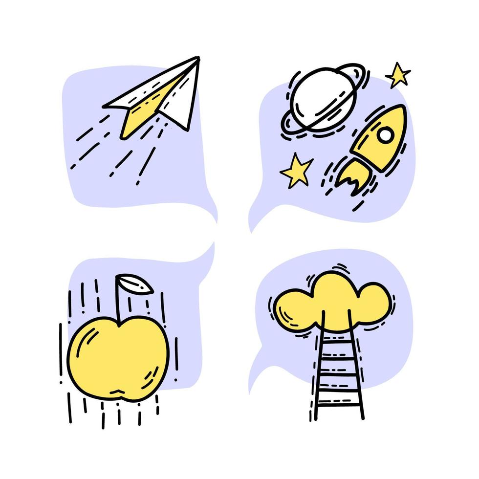 establecer pictogramas de concepto de símbolo creativo de ilustración en color azul y amarillo estilo doodle. avión de papel, cohete espacial, manzana que cae, escalera a la nube. vector