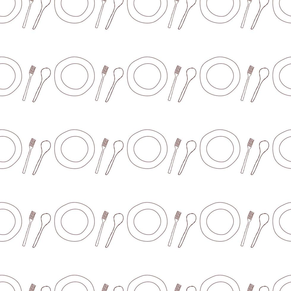 Seamless pattern with kitchenware illustrations plate, spoon and fork in doodle style. vector