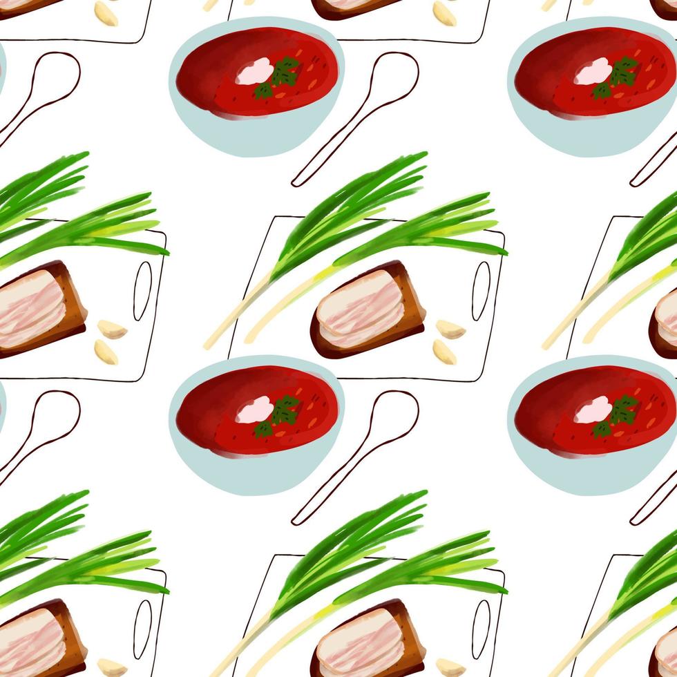 Seamless pattern with Illustration plate of borsch Ukrainian cuisine. vector