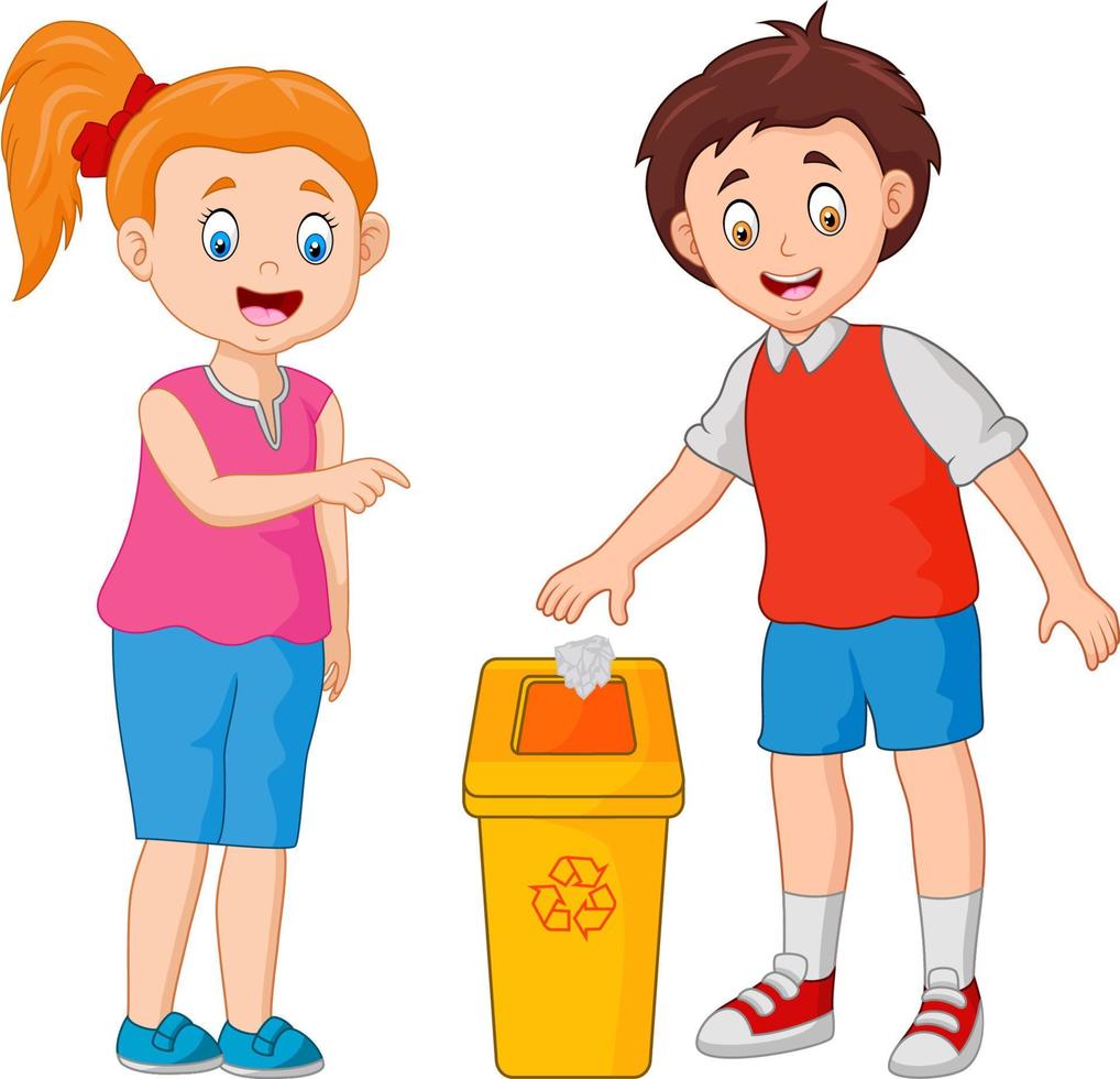 kid throws garbage in the trash vector