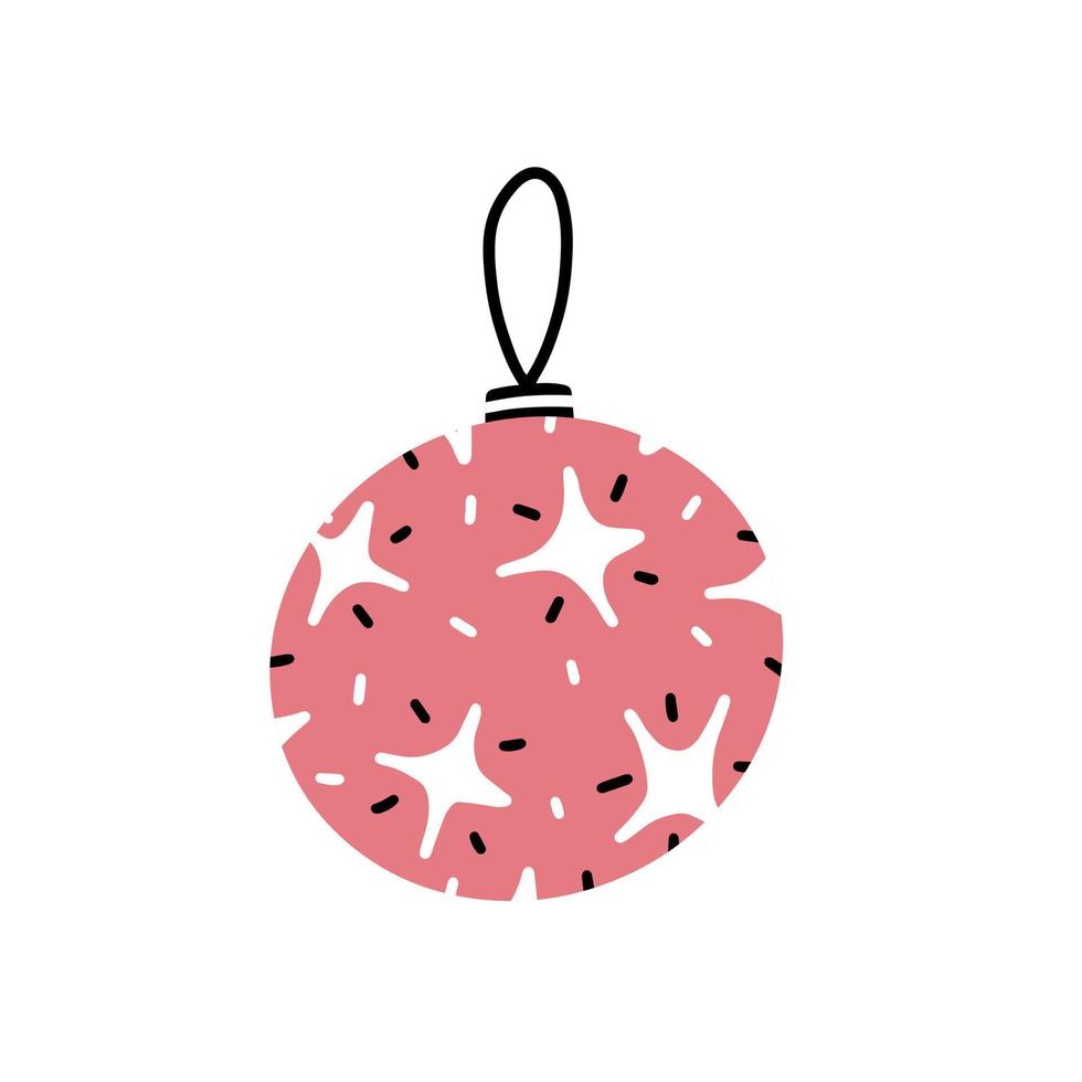 Pink Christmas ball in doodle style. Christmas tree toy with a pattern. Vector isolated Christmas illustration.