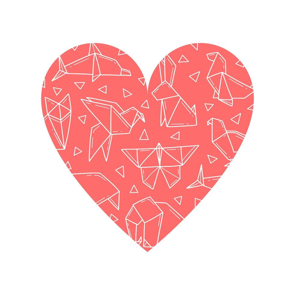 Heart with origami. Origami animals in the shape of a heart. I love origami. Vector isolated illustration.