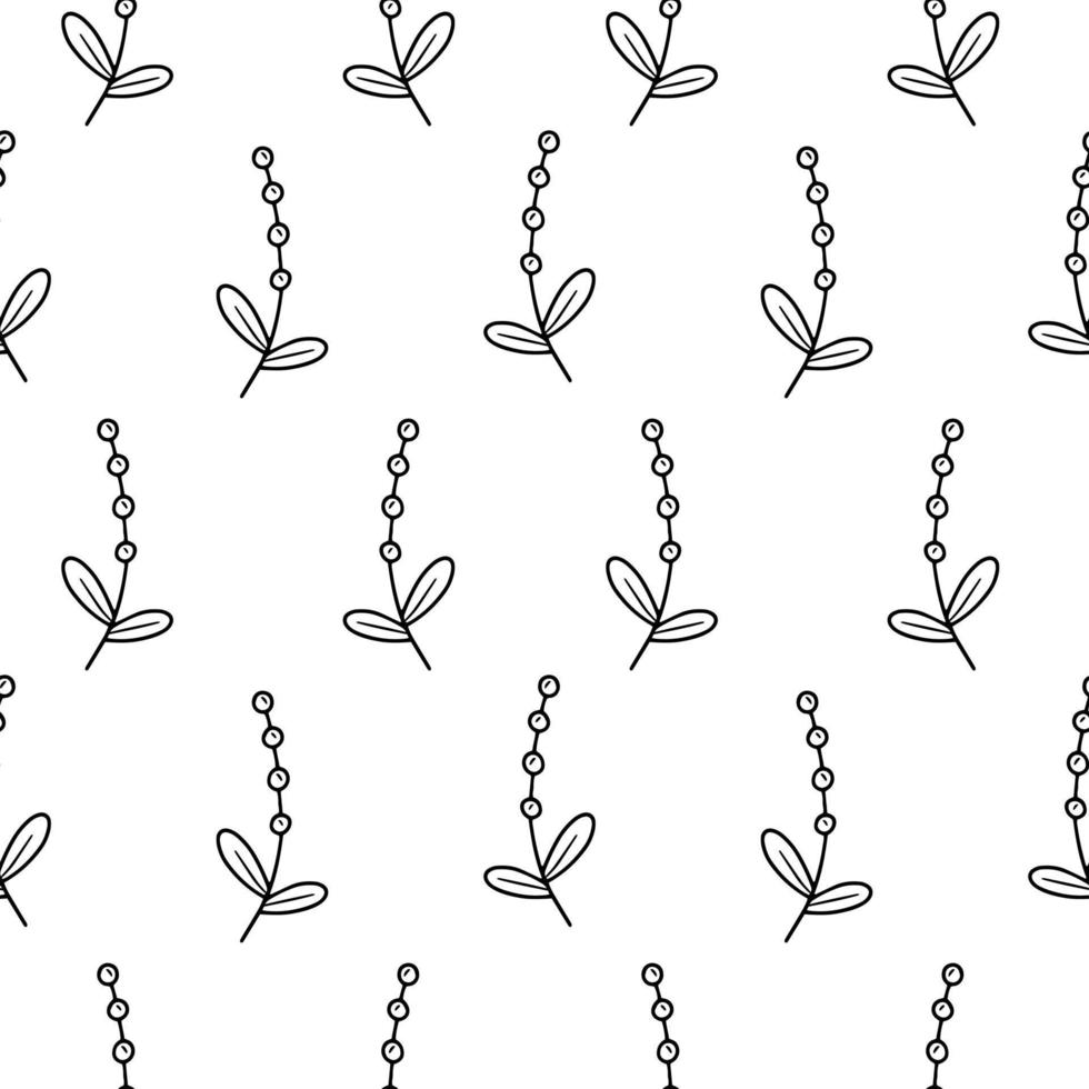 Seamless pattern with black and white berry twigs in doodle style. Vector food illustration background.