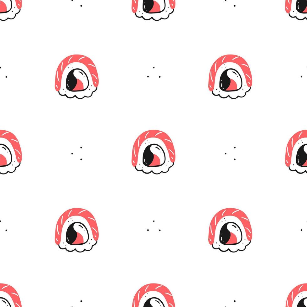 Seamless pattern with sushi rolls on a white background. Japanese food. Vector illustration background.