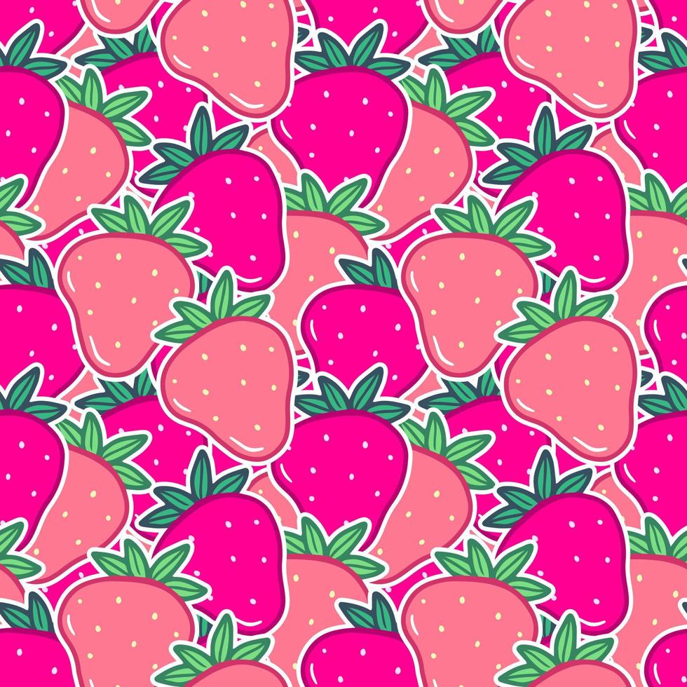 Seamless pattern with pink strawberry stickers in cartoon style. Vector food illustration background.