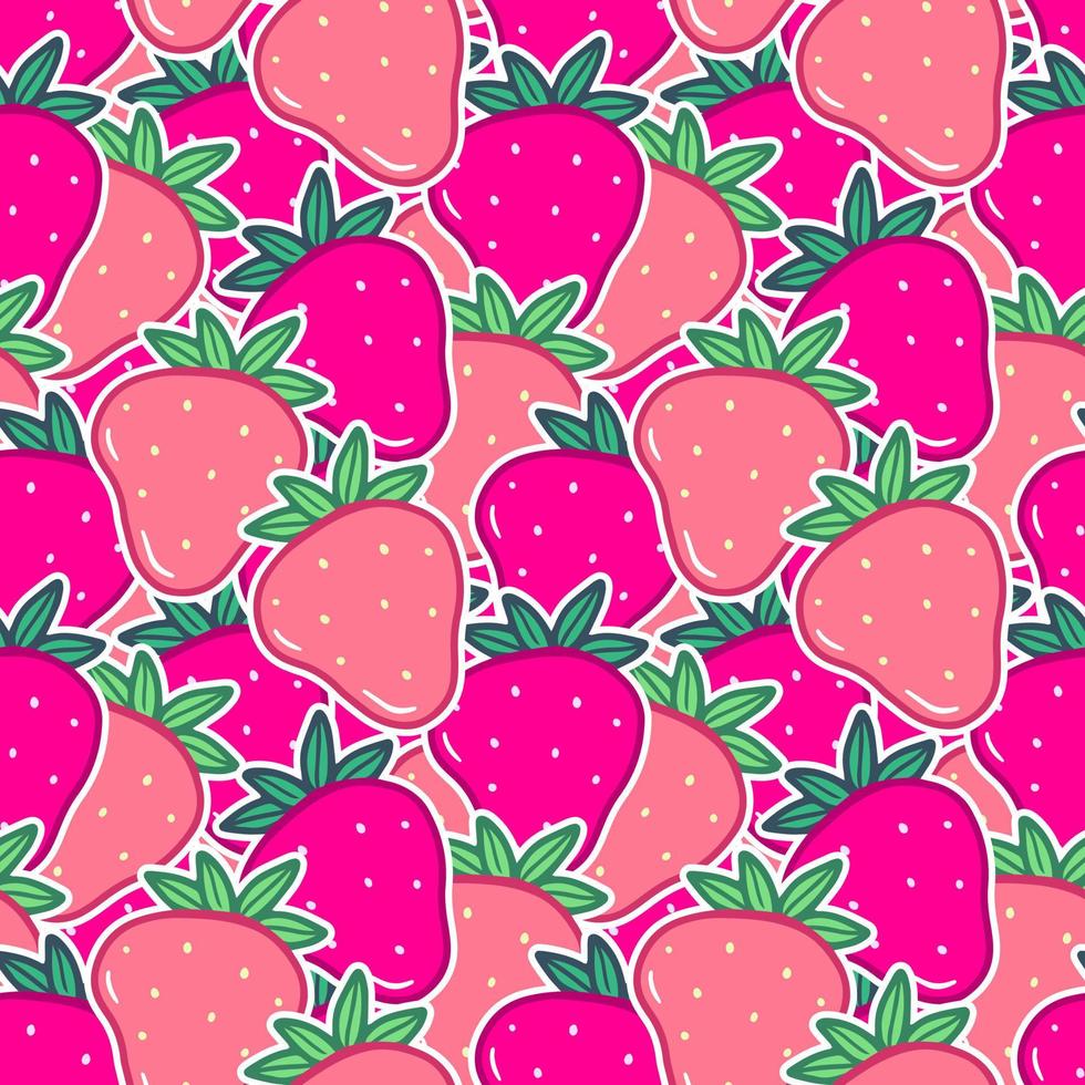 Seamless pattern with pink strawberry stickers in cartoon style. Vector food illustration background.