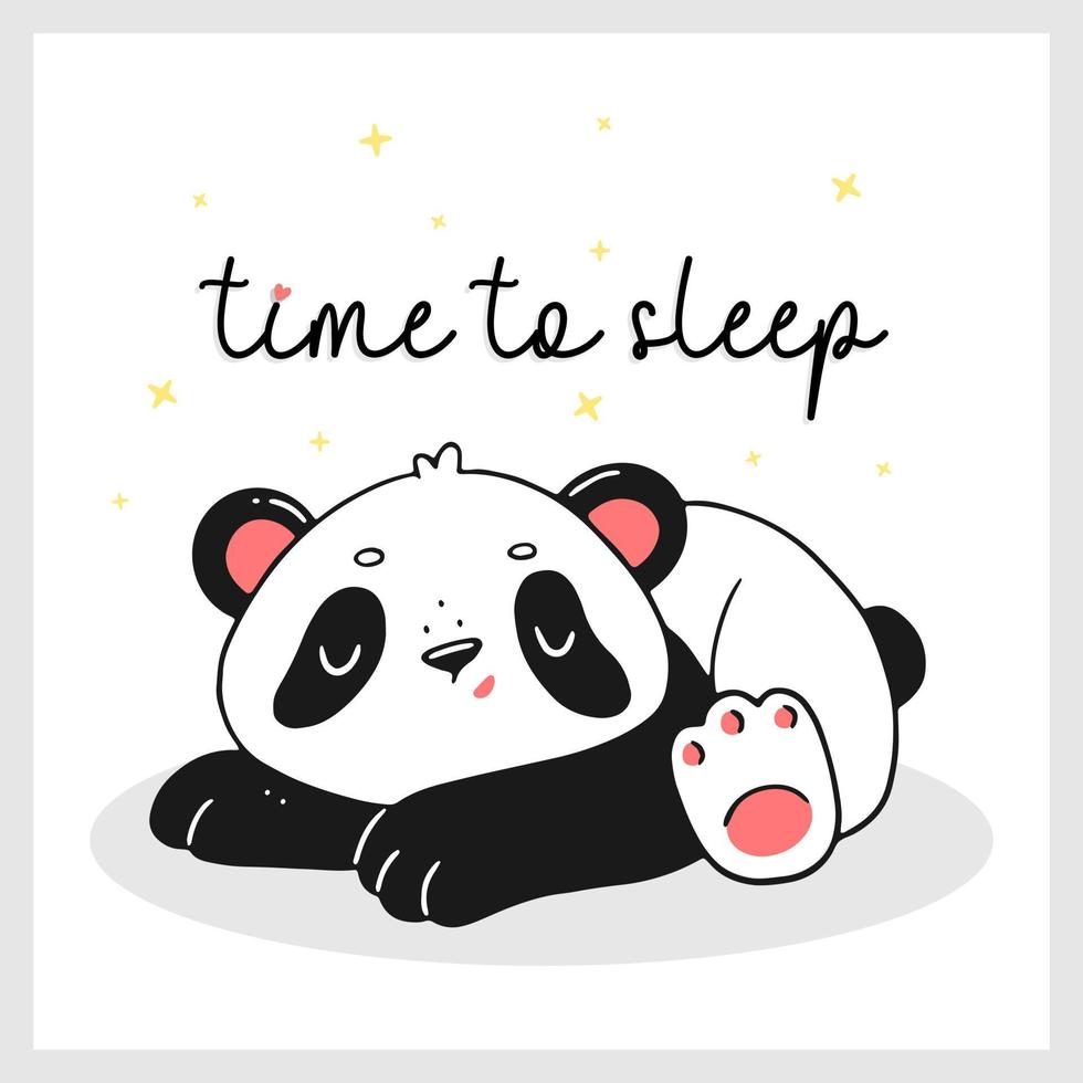 lindo panda durmiente con tiempo para dormir texto en estilo de dibujo de dibujos animados. diseño de una tarjeta para niños. plantilla de póster para la guardería. ilustración vectorial vector