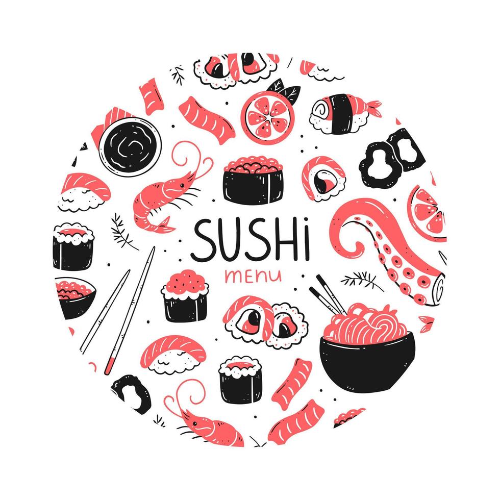 comida japonesa de sushi. elementos de la cocina asiática en forma redonda. concepto de menú de sushi. ilustración vectorial de alimentos. vector