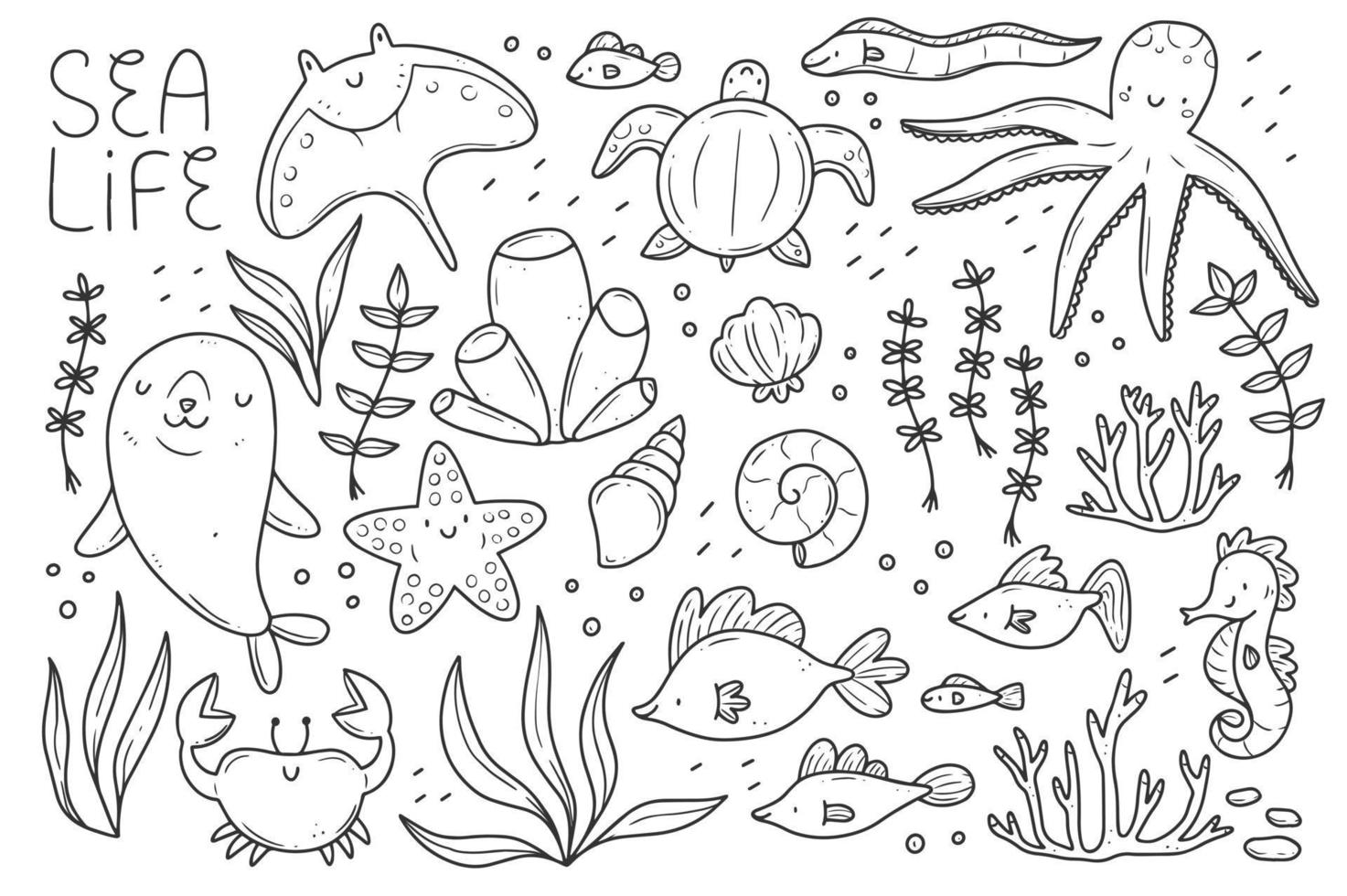 Sea life doodle set. Marine animals in linear style. Collection of marine elements. Vector isolated illustration.