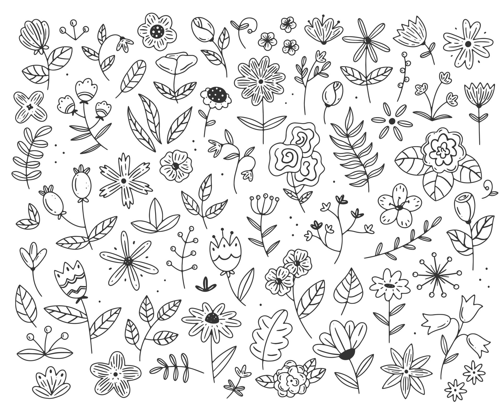 A large set of different flowers and plants in a simple linear doodle