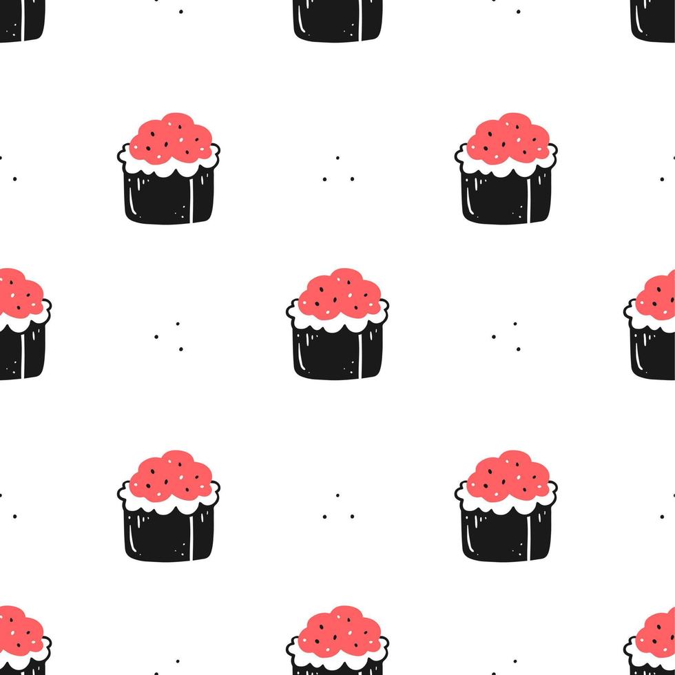 Seamless pattern with baked sushi rolls on a white background. Japanese food. Vector illustration background.