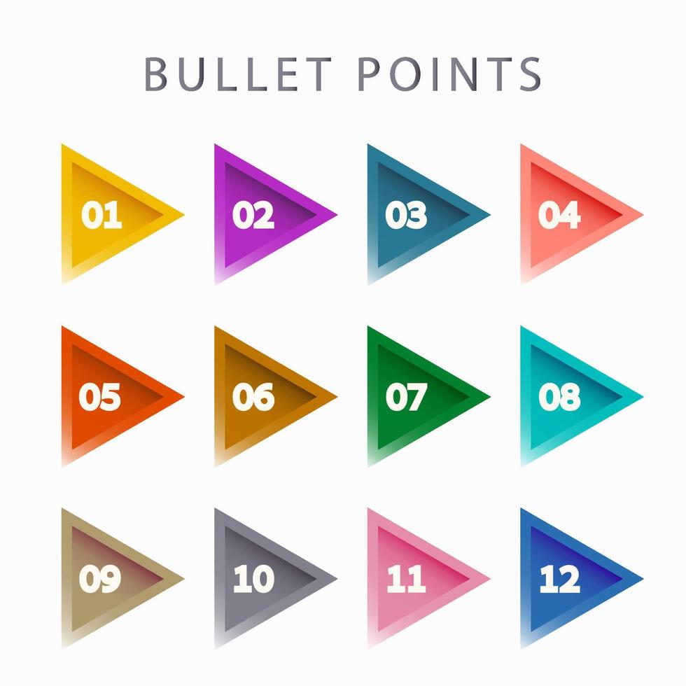 Bullet points. Numbers from 1 to 12. Multicolored. Infographics, presentations, business, option,  steps, statistics. Vector design.