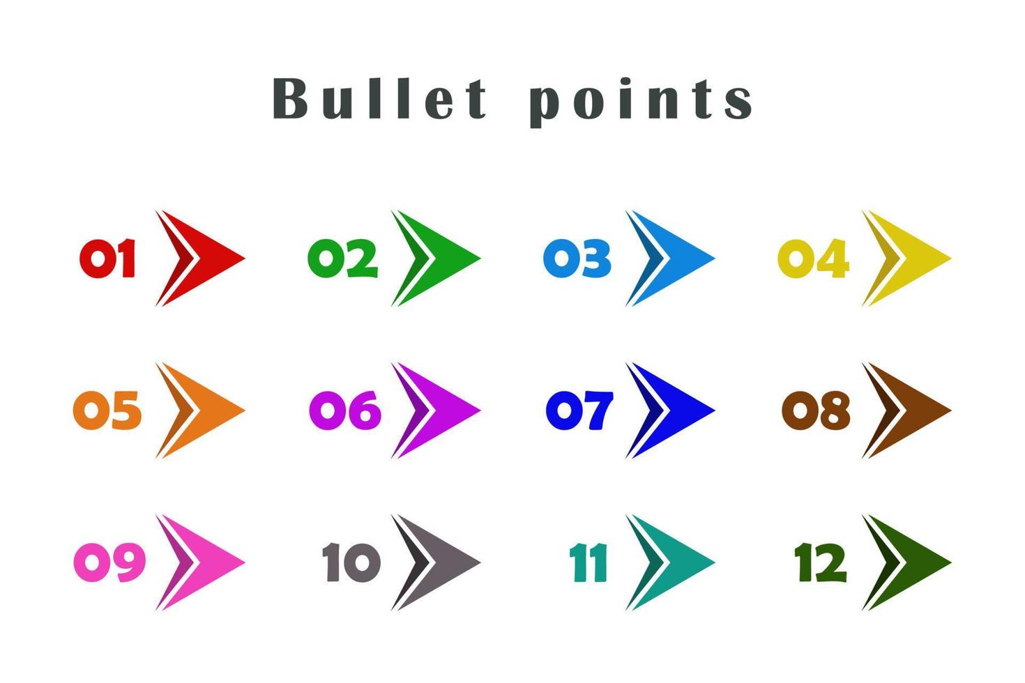 Bullet points. Numbers from 1 to 12. Multicolored. Infographics, presentations, business, option,  steps, statistics. Vector design.