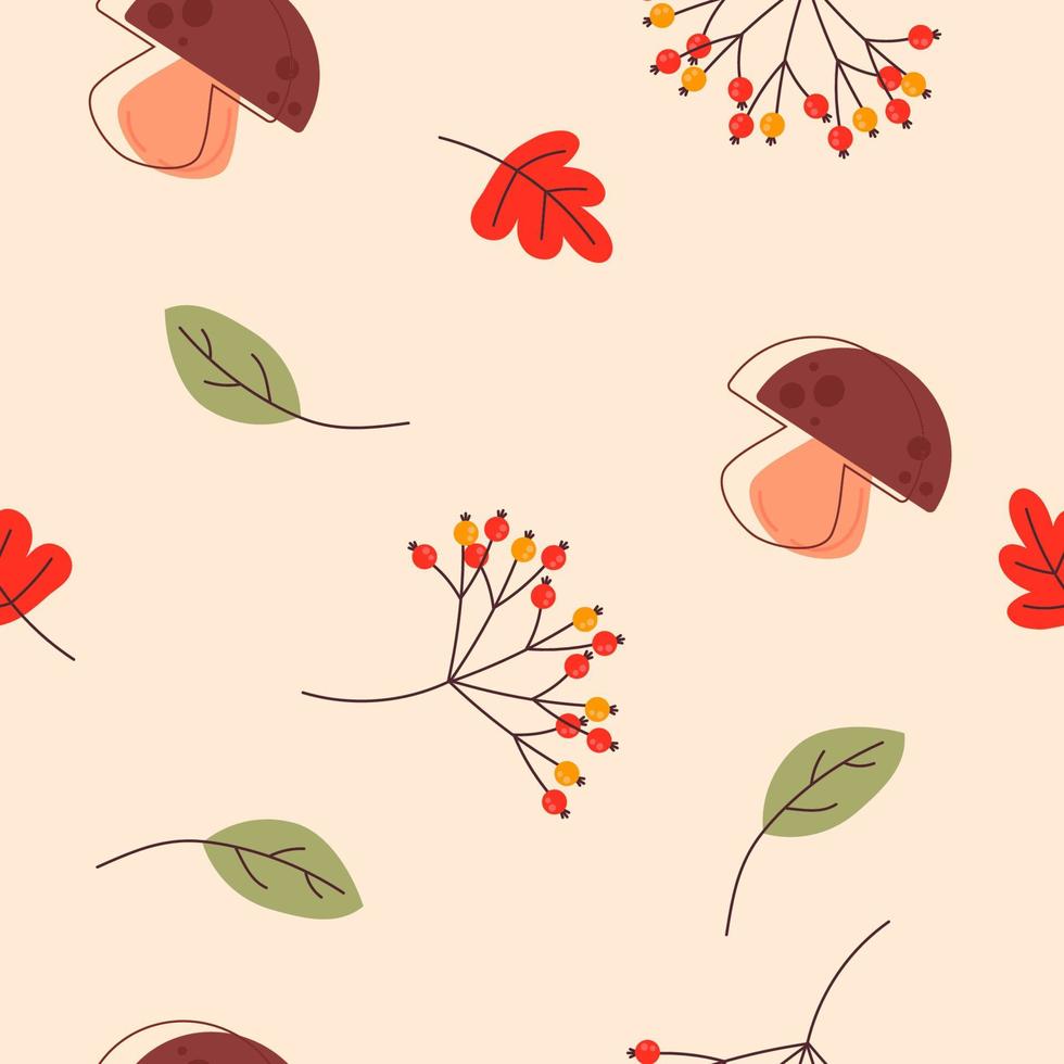 otoño de patrones sin fisuras, champiñones, hojas y serbal. fondo beige. ilustración vectorial vector