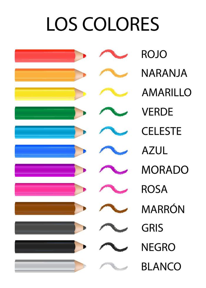 Spanish poster with 12 multicolor wooden pencils and strokes. White background. Names of colors - rojo, naranja, amarillo, verde, celeste, azul, morado, rosa, marron, gris, negro, blanco.  Vector. vector