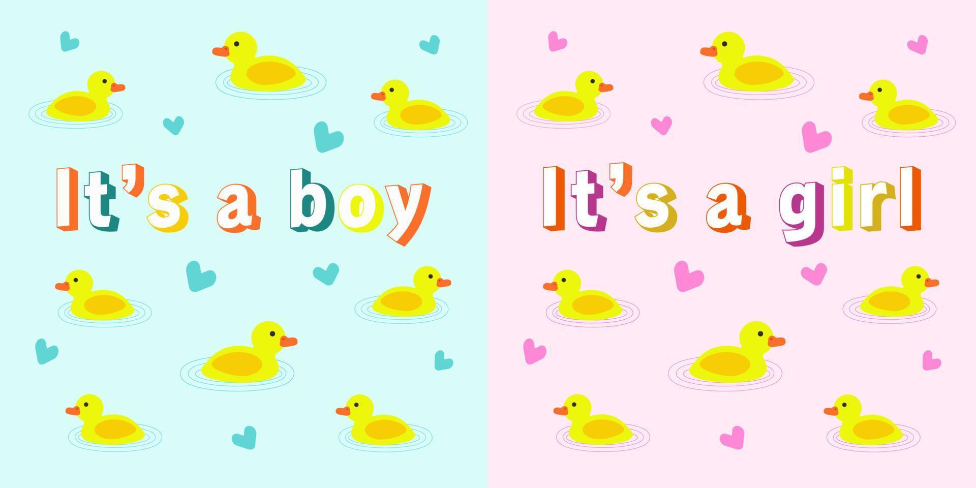 It's a boy, it's a girl. Greeting for a newborn baby. Ducklings and little hearts. Graphic design. vector