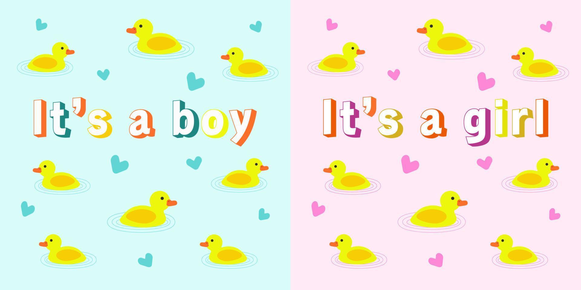 es un niño, es una niña. Saludo para un bebé recién nacido. patitos y corazoncitos. diseño gráfico. vector