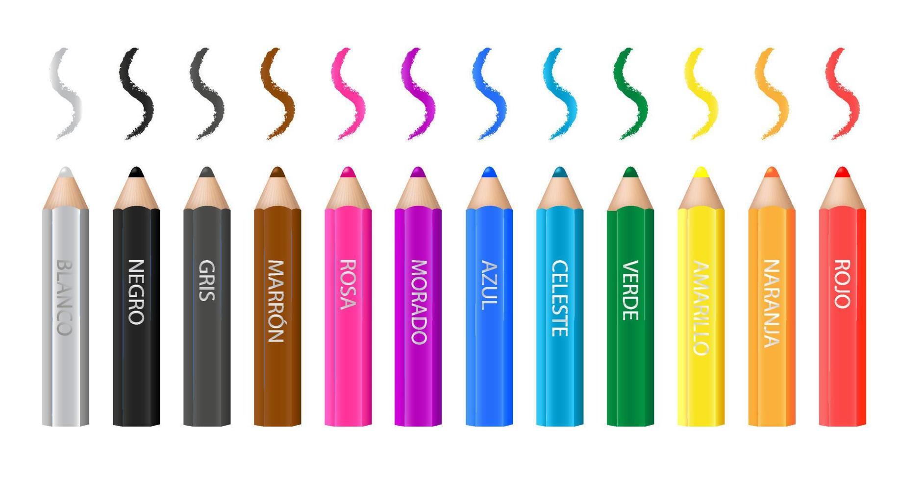 12 multicolor wooden pencils and strokes. White background. Names of colors in spanish - rojo, naranja, amarillo, verde, celeste, azul, morado, rosa, marron, gris, negro, blanco.  Vector design.