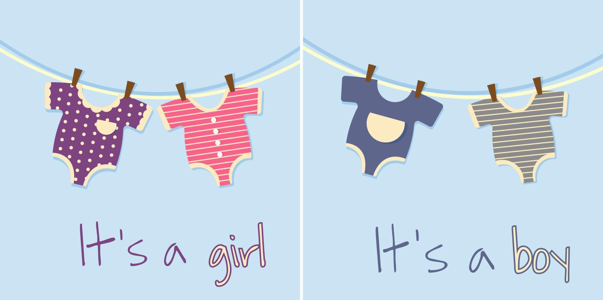 It's a girl, it's a boy. Greeting for a newborn baby. Bodysuits hanging on the rope. Graphic design. vector