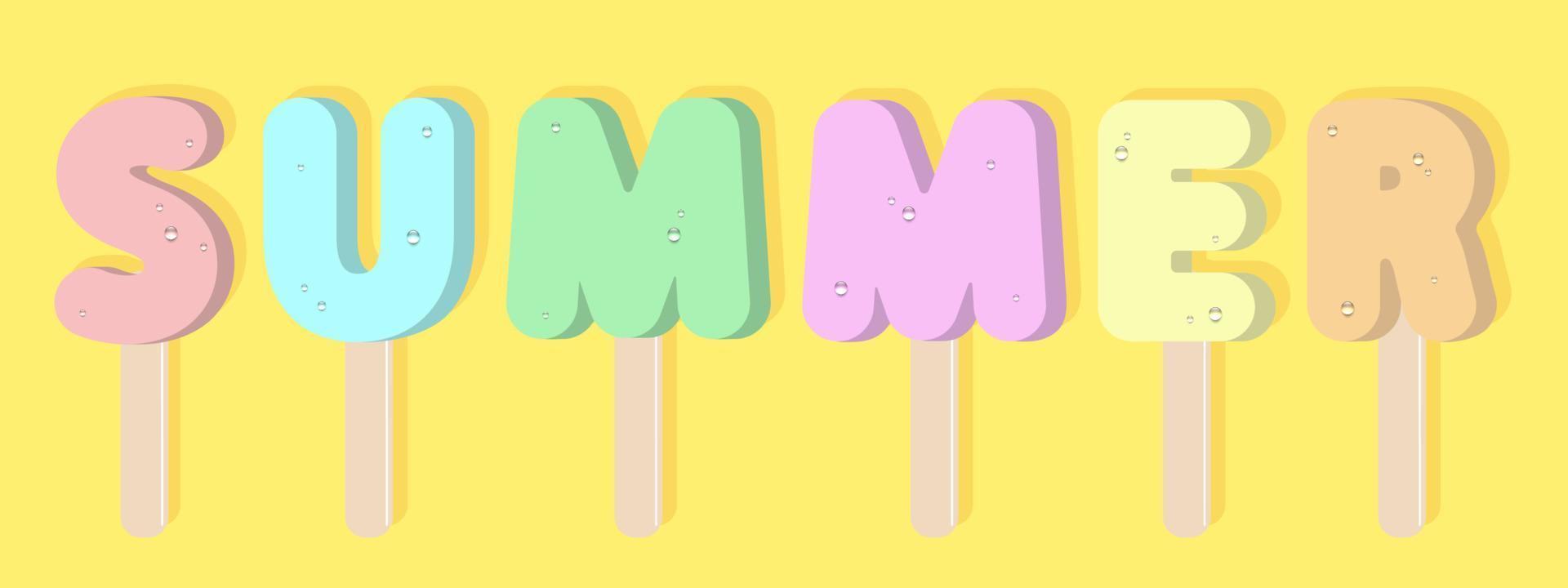 letras de helado de verano en los palos de madera. postre helado colorido con gotas de agua. diseño vectorial vector