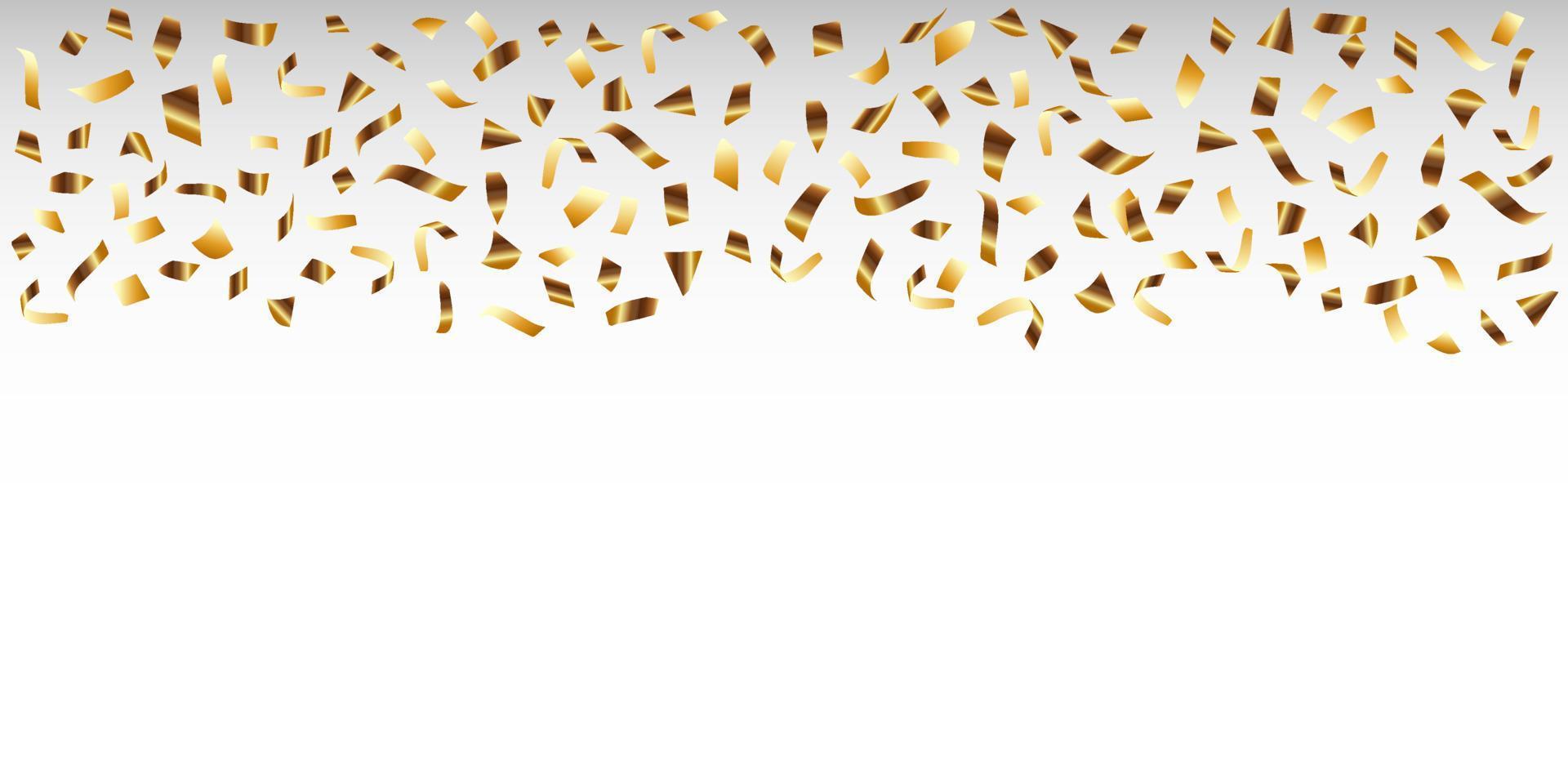 Golden serpentine pieces falling down. Festive overlay effect. Transparent background. Vector illustration.