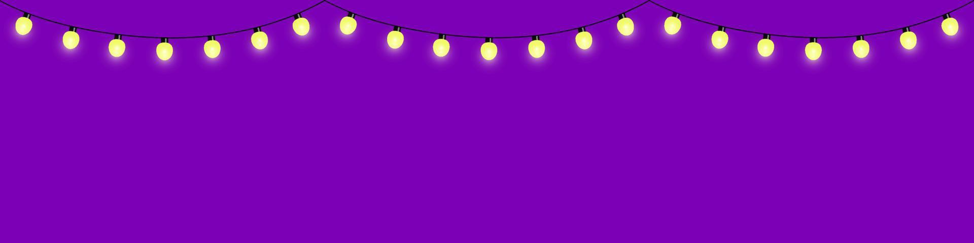 Decorative garland of electric light bulbs, twinkle lights, yellow lamps. Purple background. Vector design.