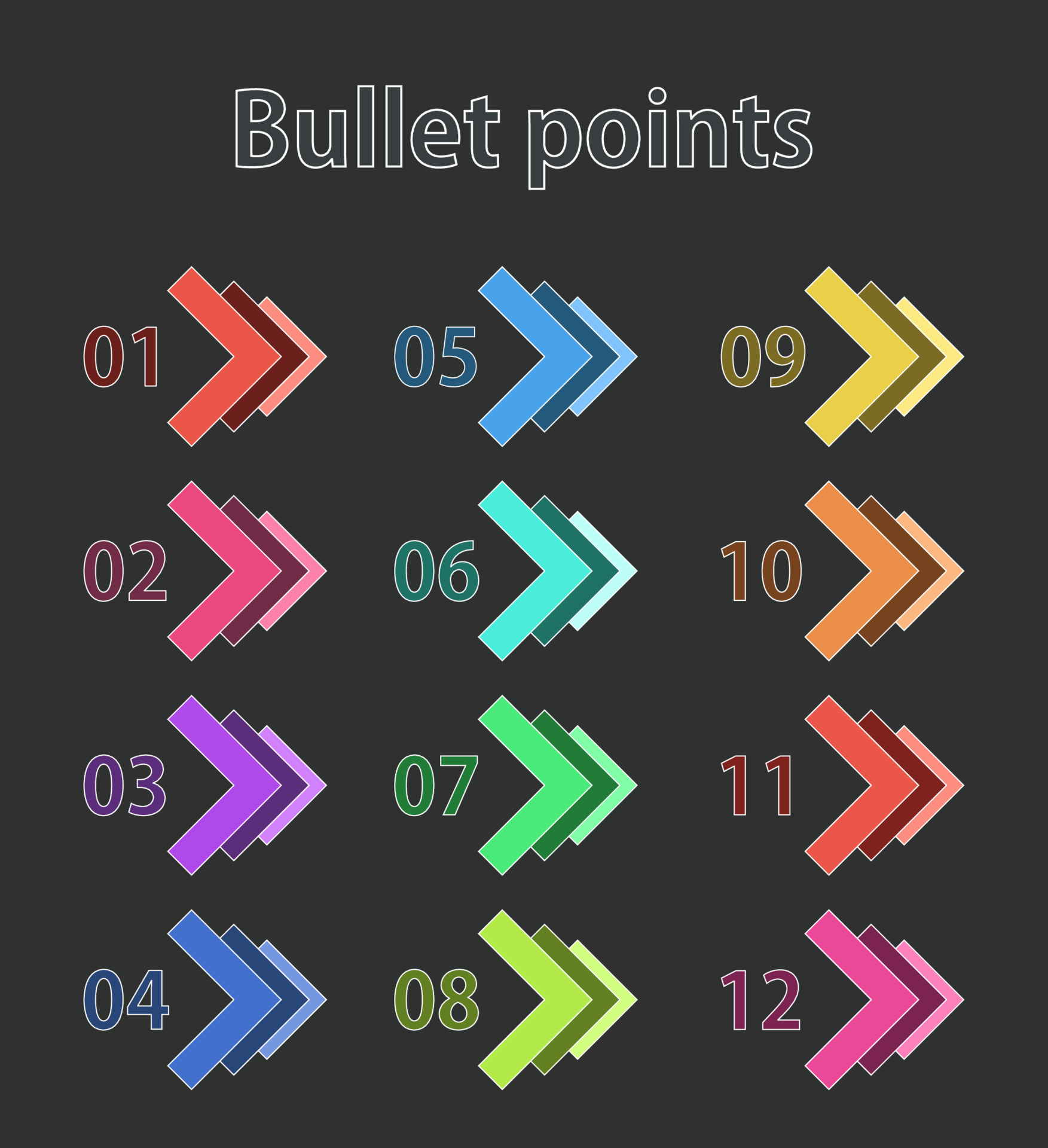 Colorful bullet points arrows, numbers from 1 to 12. Infographics