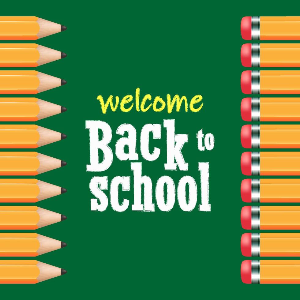 Welcome back to school poster with pencils on the green background. Graphic design. vector