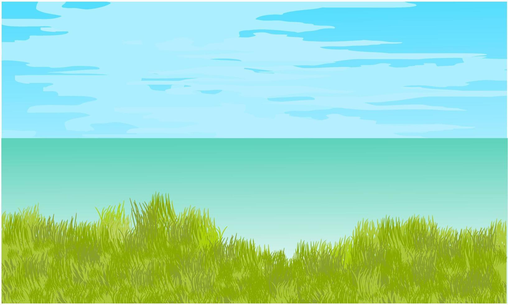 playa de hierba con fondo de cielo azul, vista a la playa con hierba verde vector