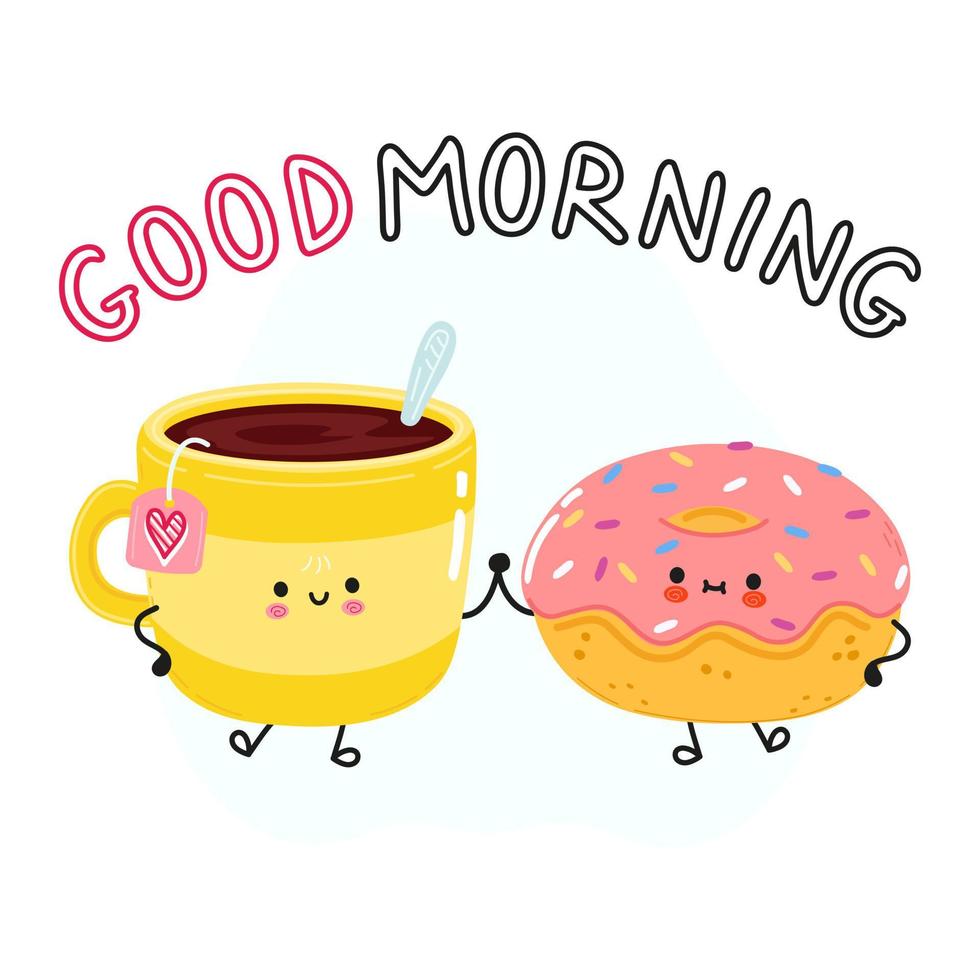 Cute happy fried egg and coffee cup. Vector cartoon character illustration. Good morning card