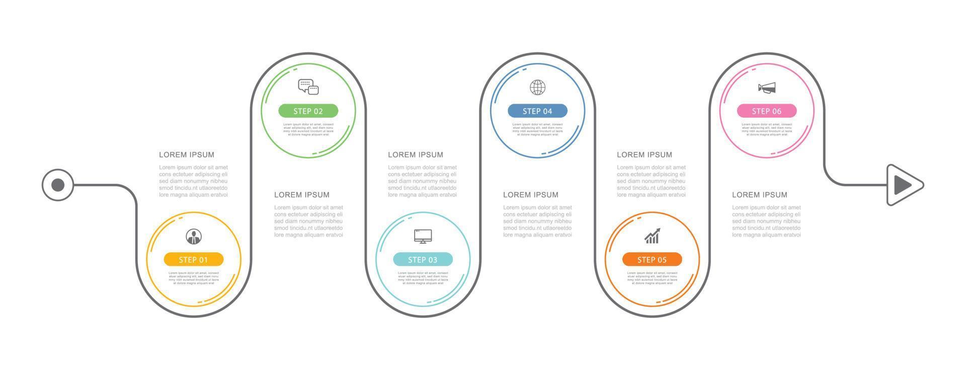 Infographics arrow timeline with 6 data template. Vector illustration abstract background. Can be used for workflow layout, business step, banner, web design.