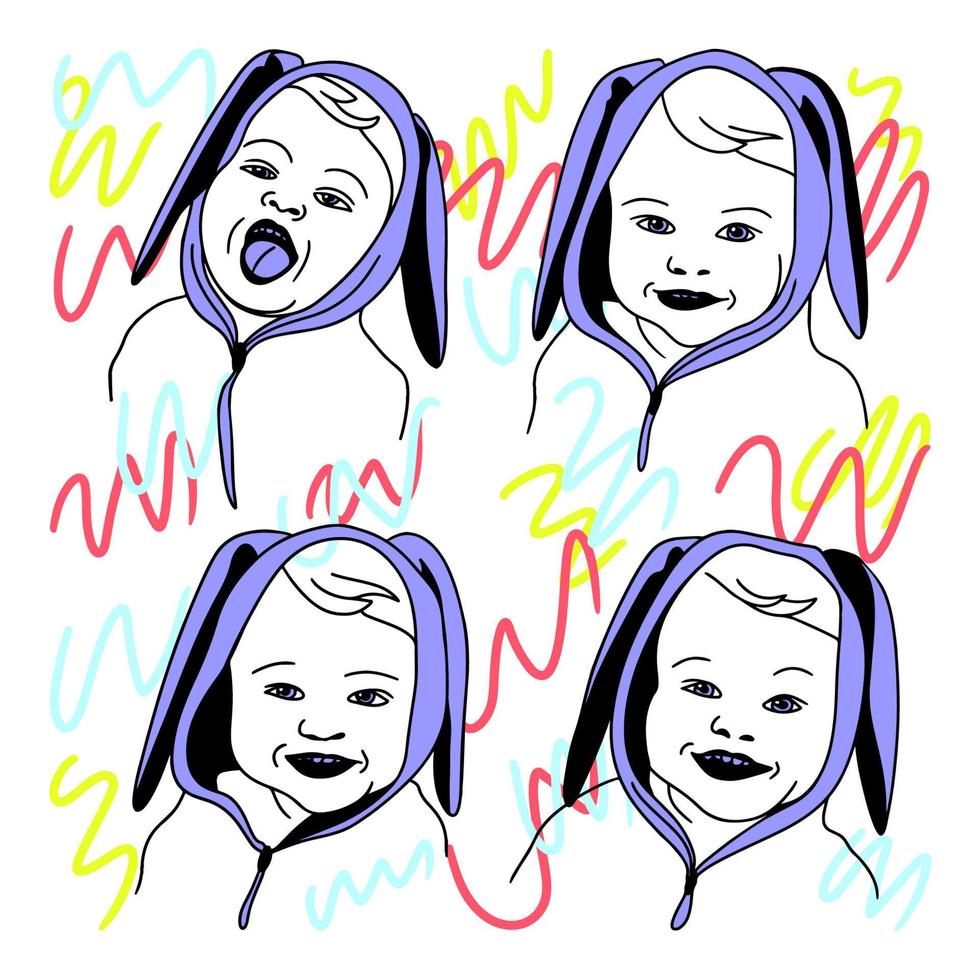 fun set, smiling baby with bunny ears vector