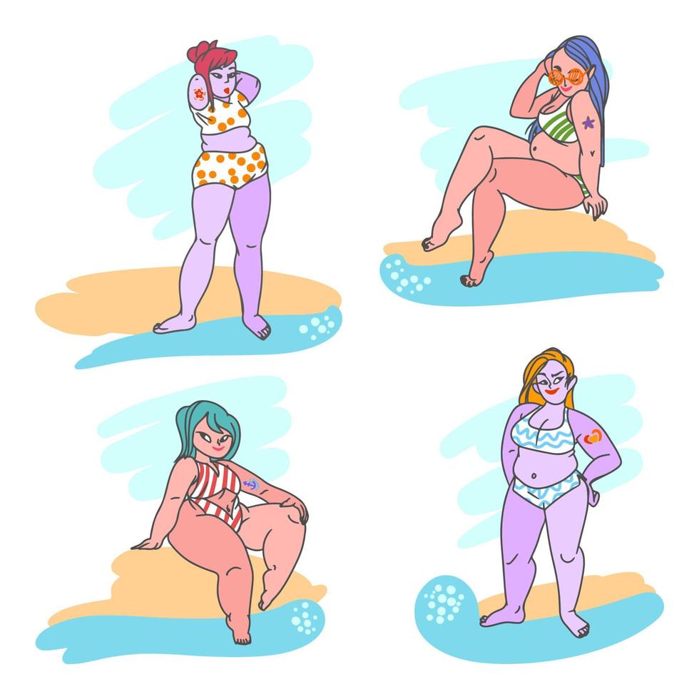 Set of a girl with a full figure in a bikini vector