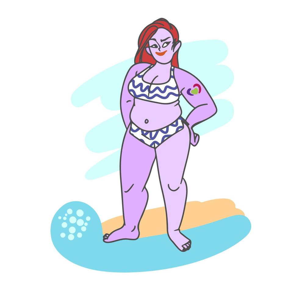 A girl with a full figure is resting on the beach vector