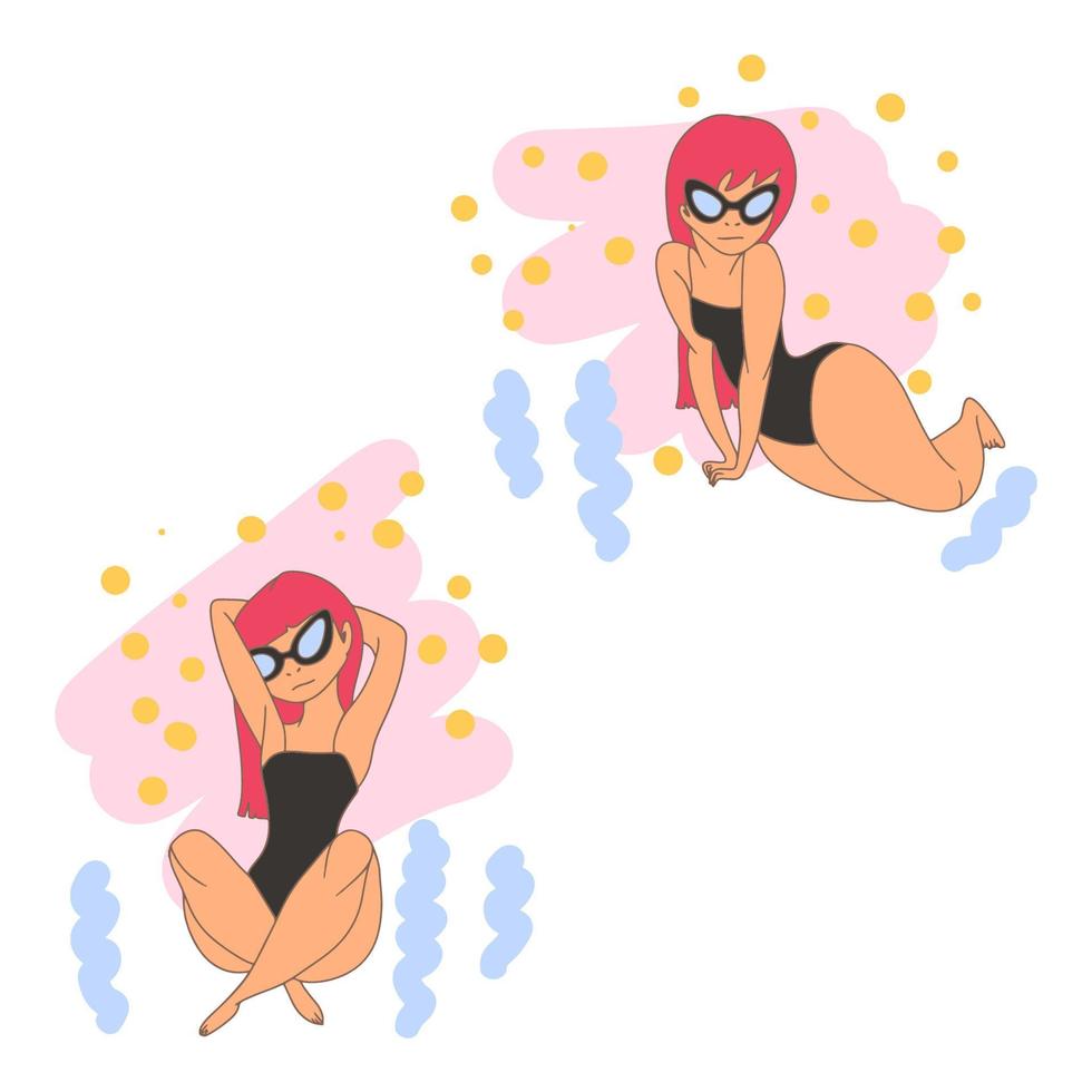 conjunto de una chica pequeña con gafas en traje de baño en la playa, en diferentes poses, estilo de dibujos animados de garabatos, color de pelo rosa vector