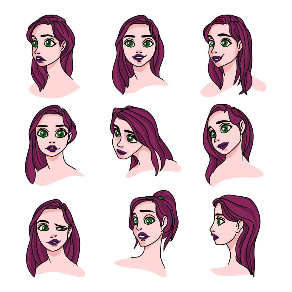 Set of cute girl in different portrait angles vector