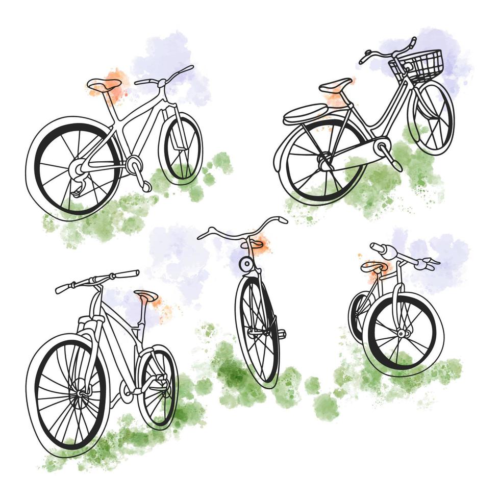 Set of bicycles in doodle style with watercolor background vector