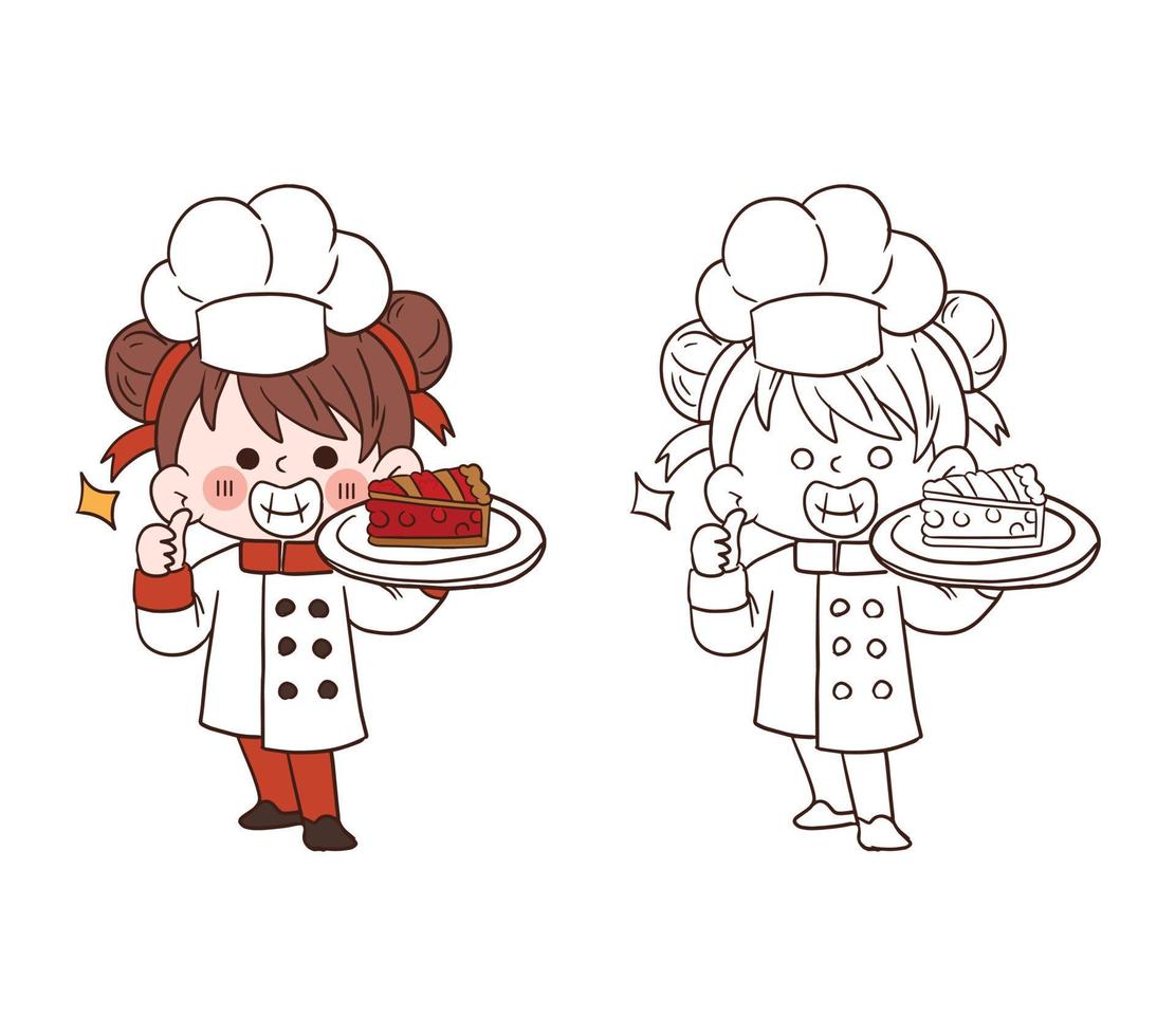 linda joven chef sonriendo y sosteniendo un trozo de pastel de fresa. ilustración de arte vectorial de dibujos animados vector