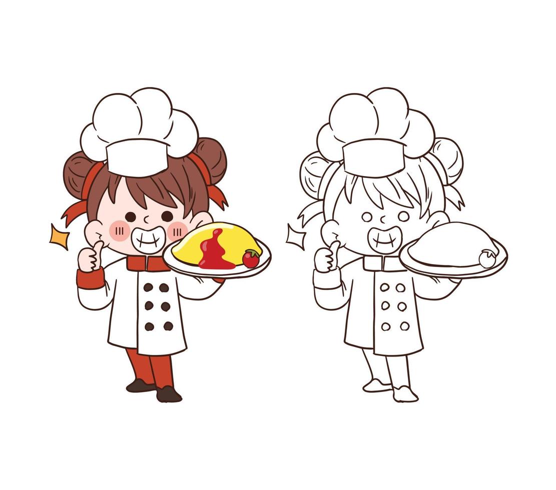 Cute young chef girl smiling and holding an omelette with rice.cartoon vector art illustration