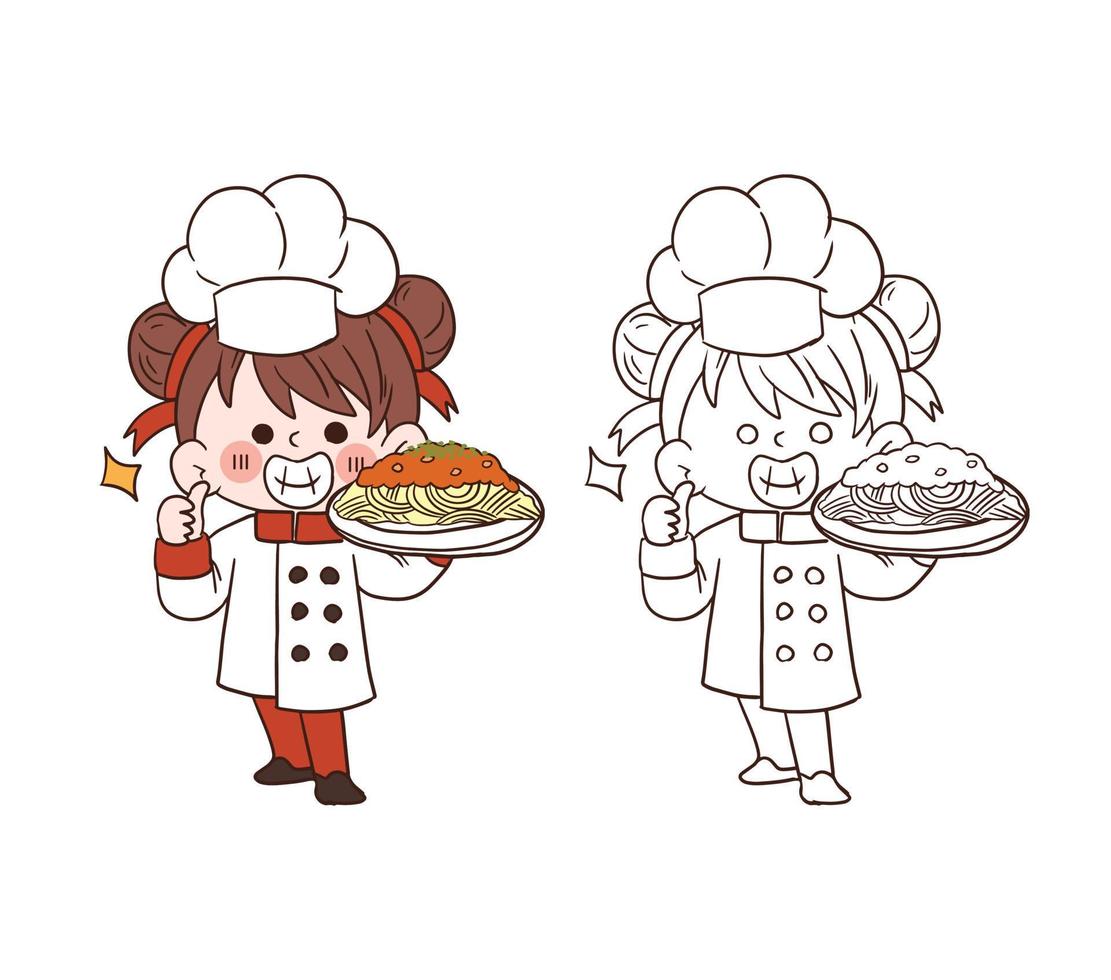 linda joven chef sonriendo y sosteniendo un spaghetti. ilustración de arte vectorial de dibujos animados vector