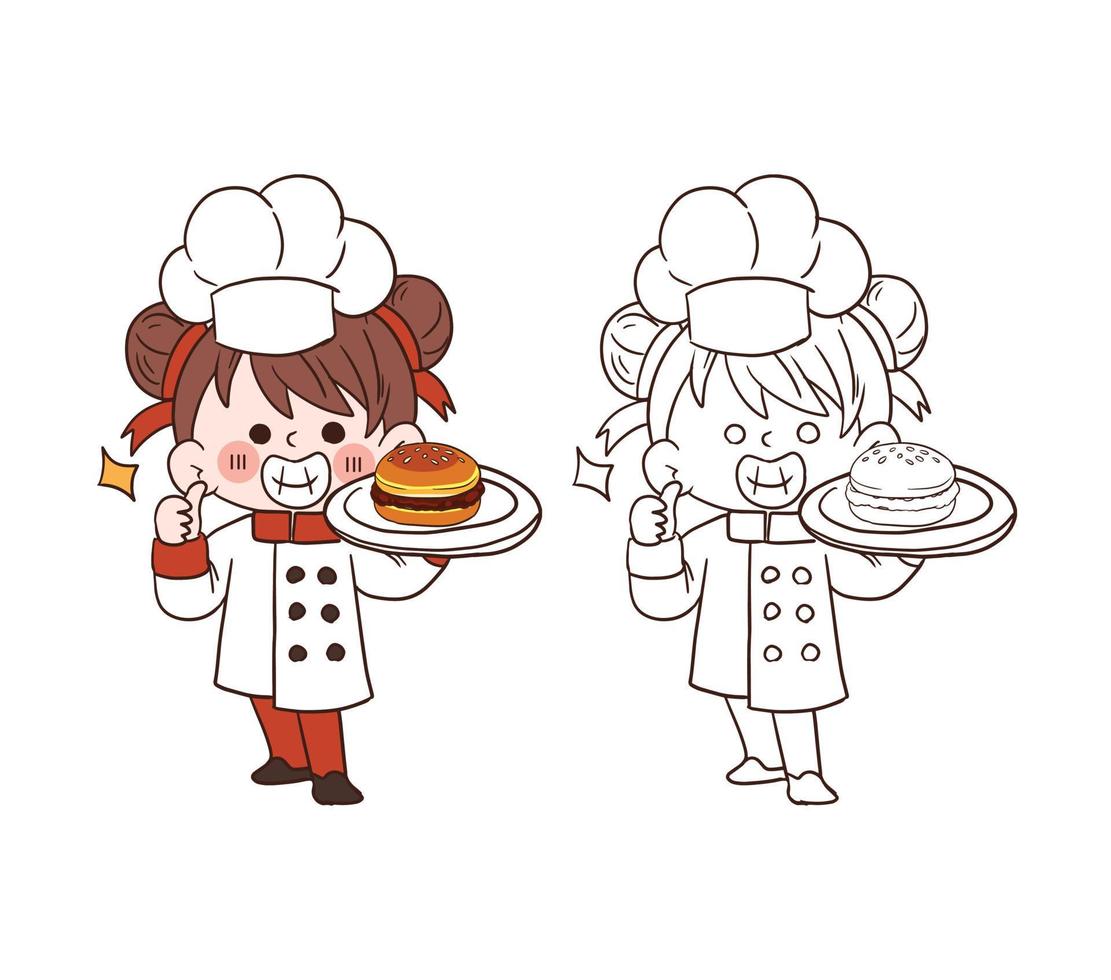 linda joven chef sonriendo y sosteniendo un plato de hamburguesa. ilustración de arte vectorial de dibujos animados vector