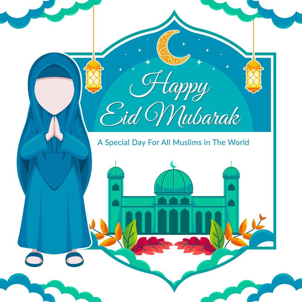 Happy Eid Mubarak Islamic Background with islamic Character vector