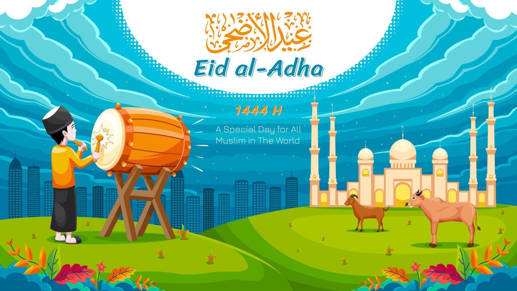 Eid al Adha night with drummer illustration vector