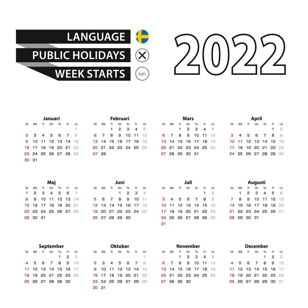 Calendario 2022 en idioma sueco, la semana comienza el domingo. vector