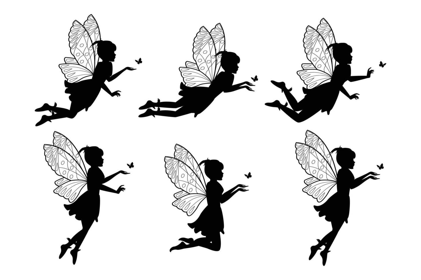 cute fairy and butterfly silhouette set vector