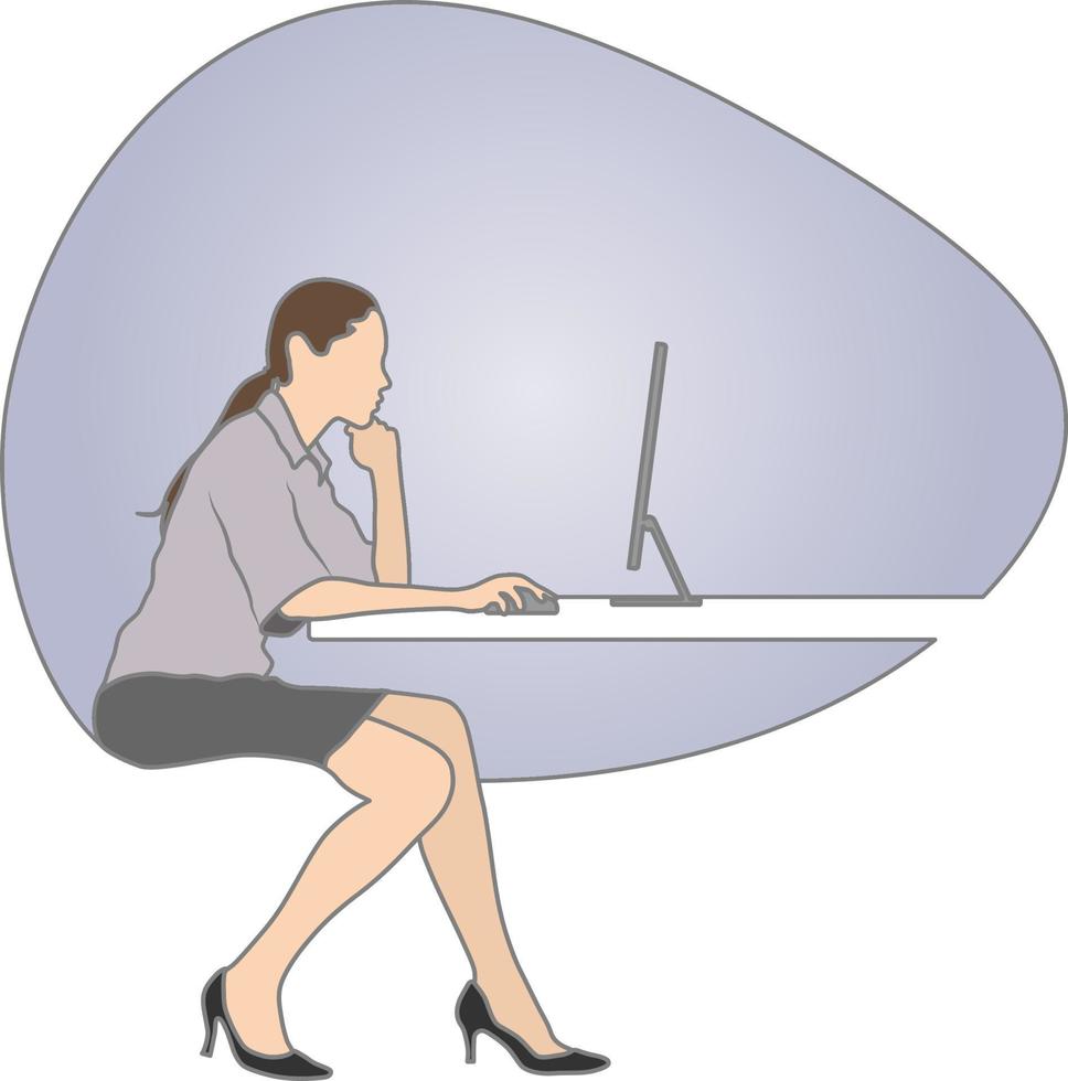 Woman working on a desktop at her desk. vector