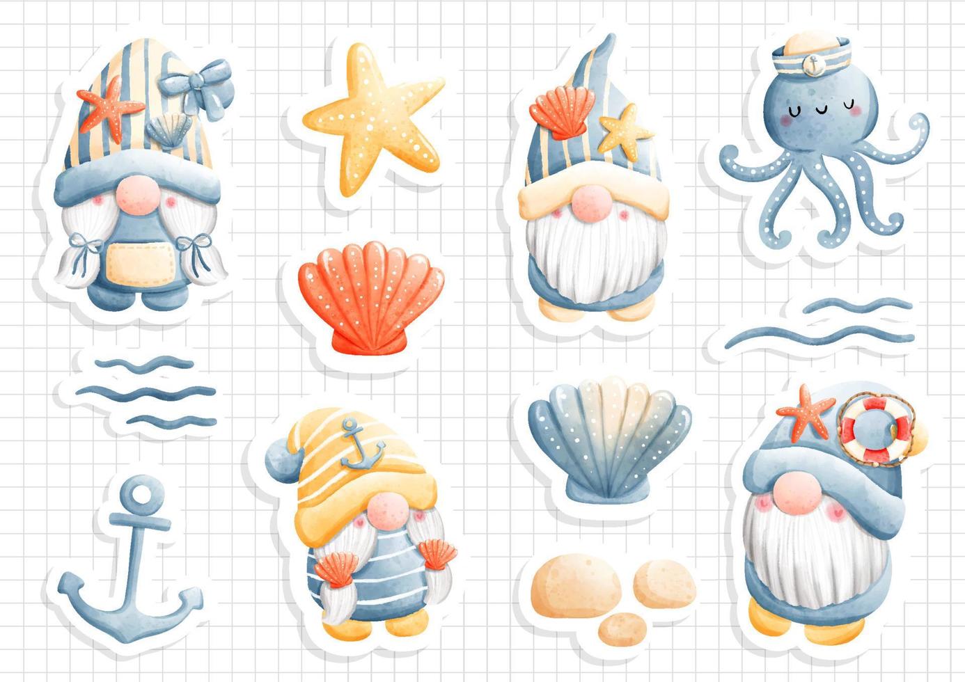 Sticker sheet gnome summer, nautical gnome vector illustration