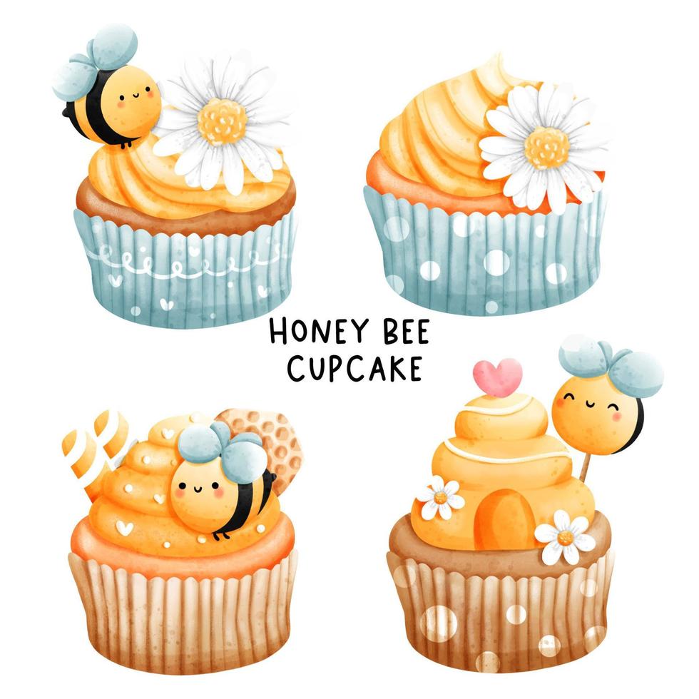 bee cupcake, honey bee cake, birthday Vector illustration