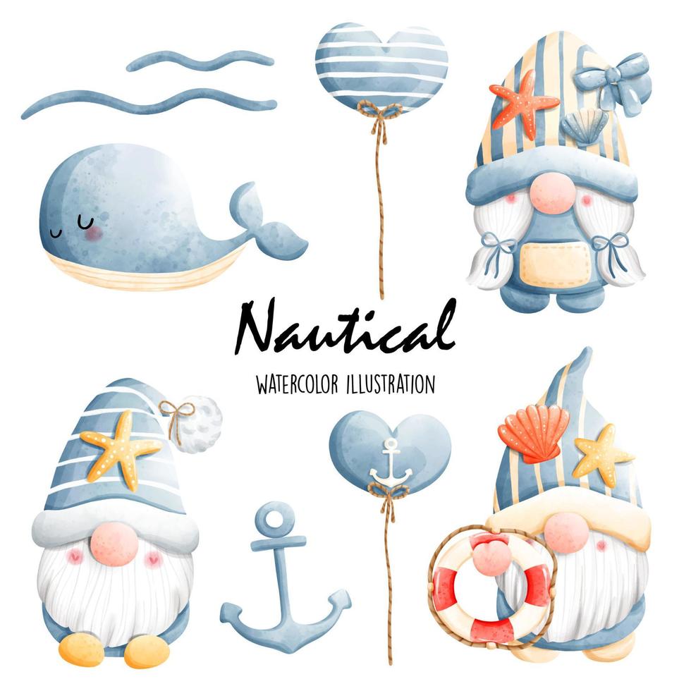 Watercolor nautical gnome, ocean. Vector illustration