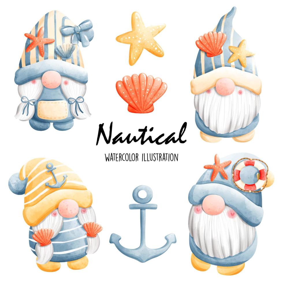 Watercolor nautical gnome, ocean. Vector illustration